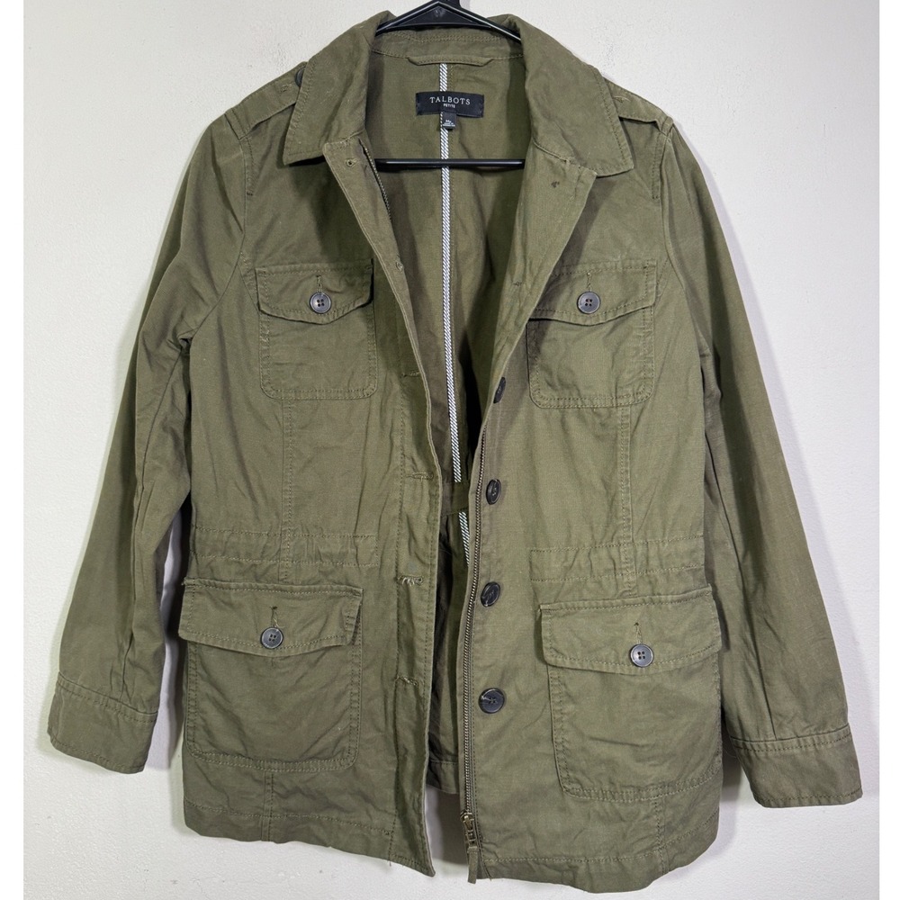 Talbots Twill Field Jacket Olive Green Cotton Utility Sz MP Safari Military Fall - Picture 2 of 16